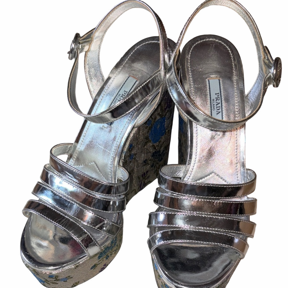 Prada Metallic Silver Jacquard Wedge Sandals | EUC | Sz 38 / 8US
